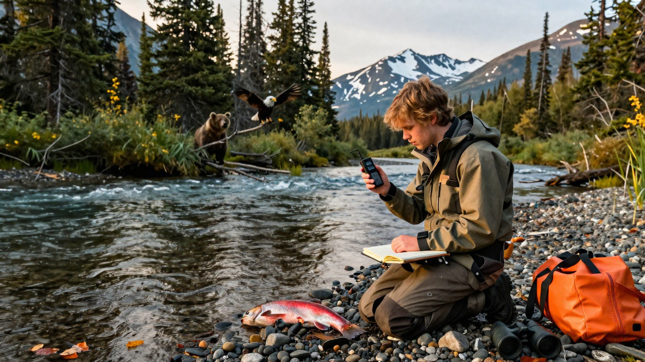 Man kneeling by river with caught fish, using device, while bear and eagle appear nearby in wilderness.