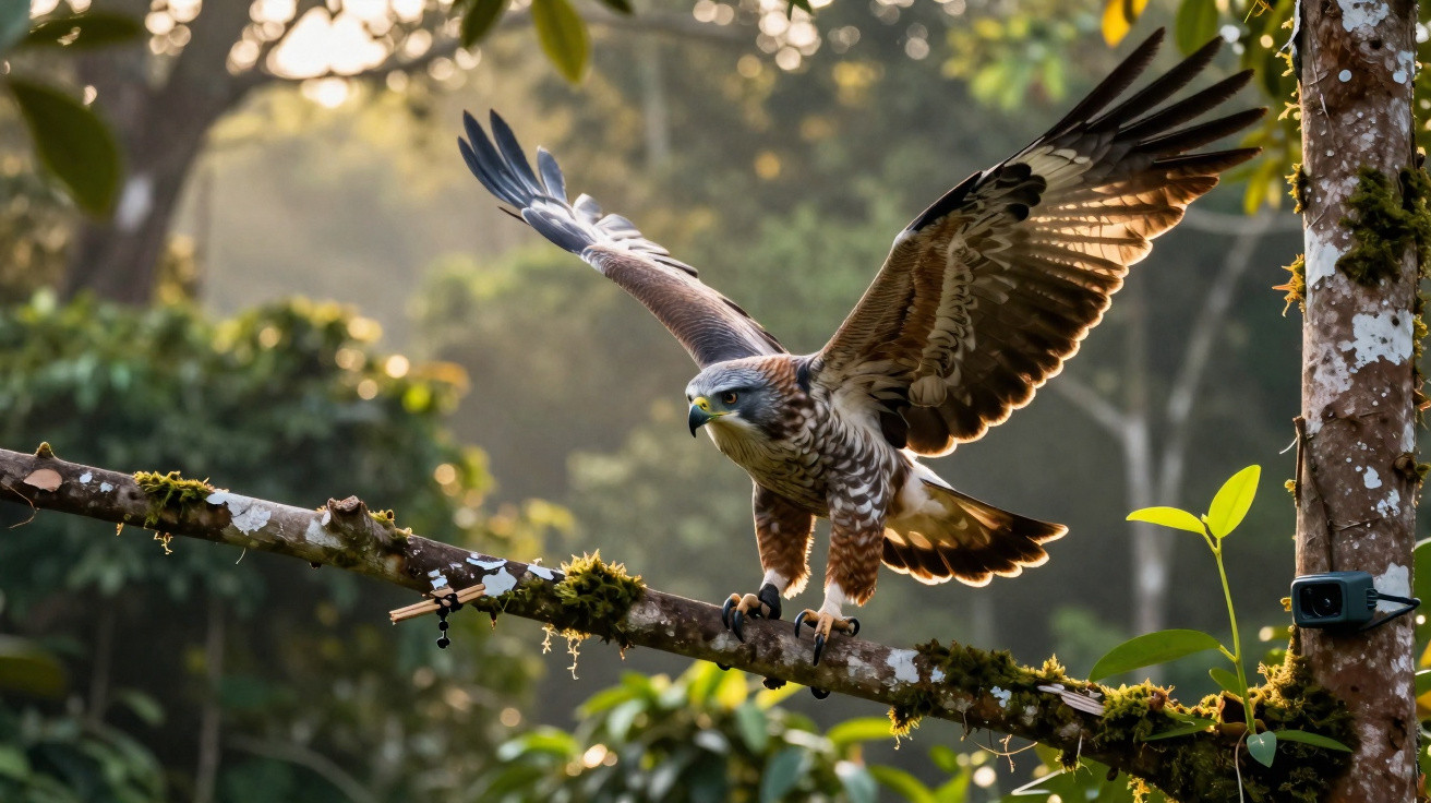 Bird of prey with wings spread perched on a mossy branch in a sunlit forest.