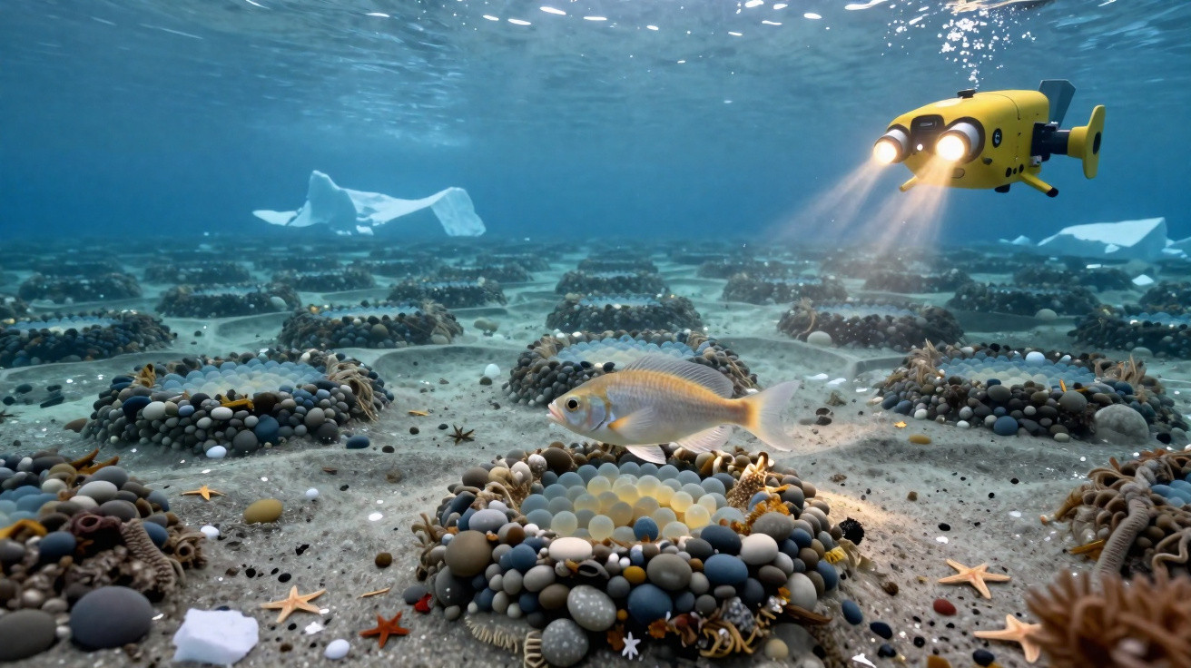 Underwater robot with lights explores circular stone formations and fish on ocean floor with icebergs above.