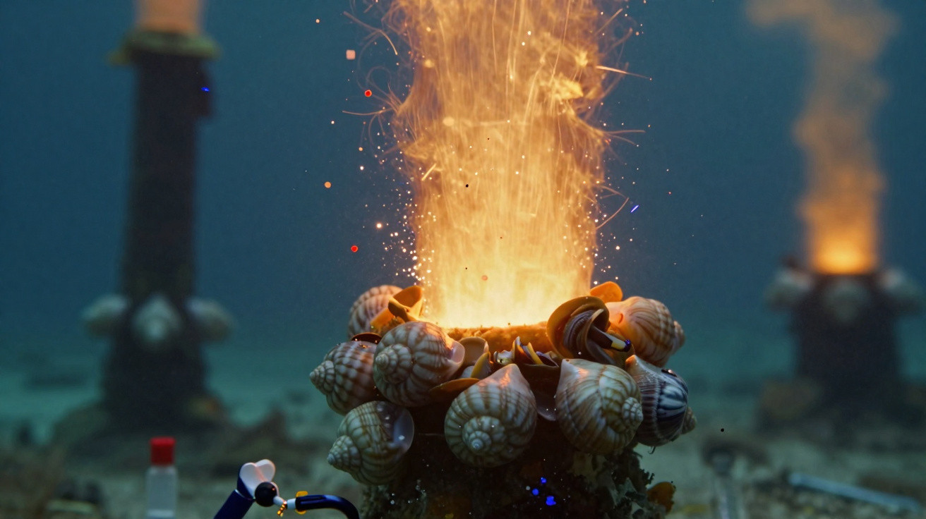 Underwater volcanic vent emitting glowing sparks surrounded by marine shells and deep blue water.