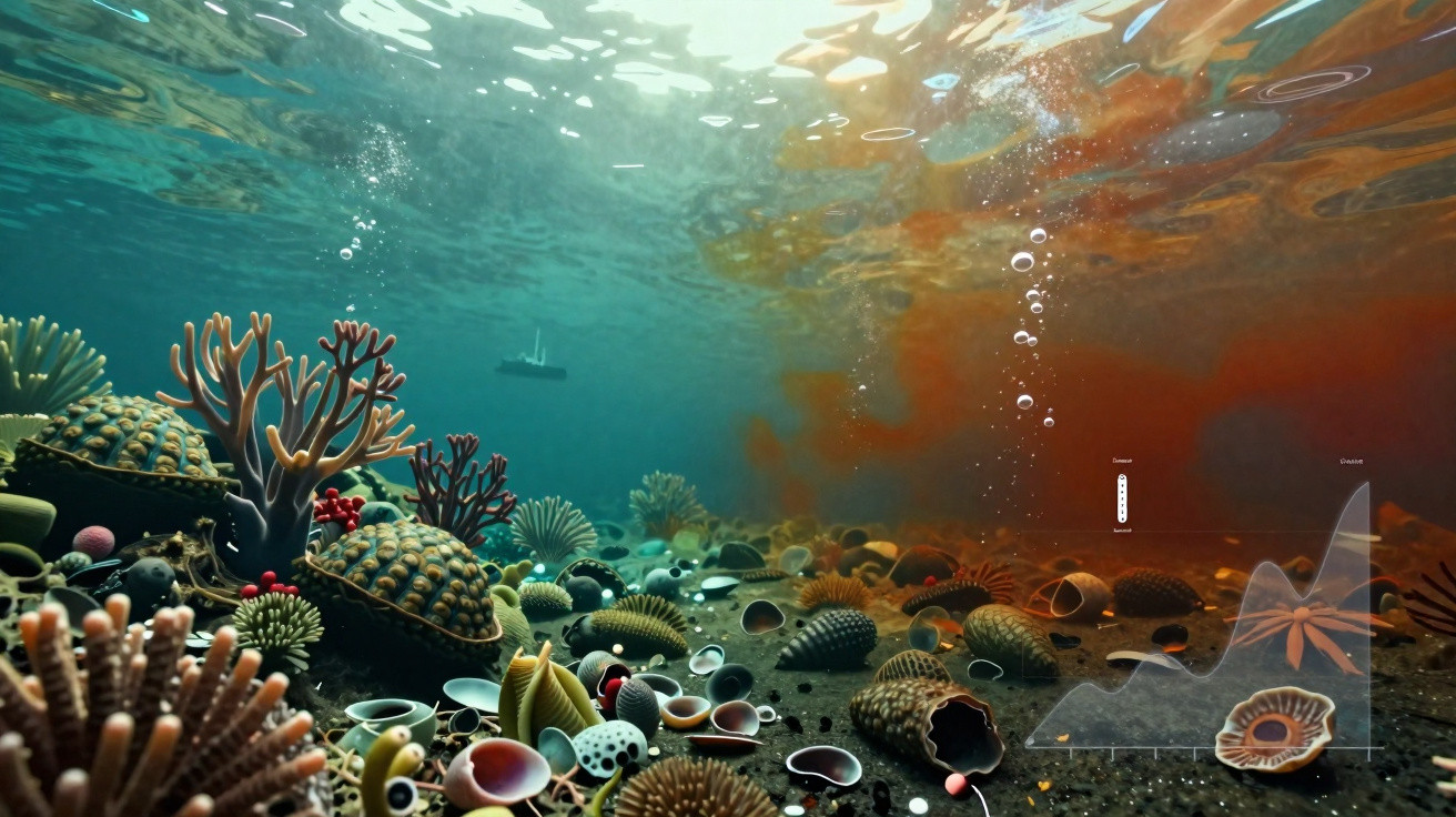 Underwater view of diverse colourful coral and shell life with bubbles rising and a boat on the ocean surface above.