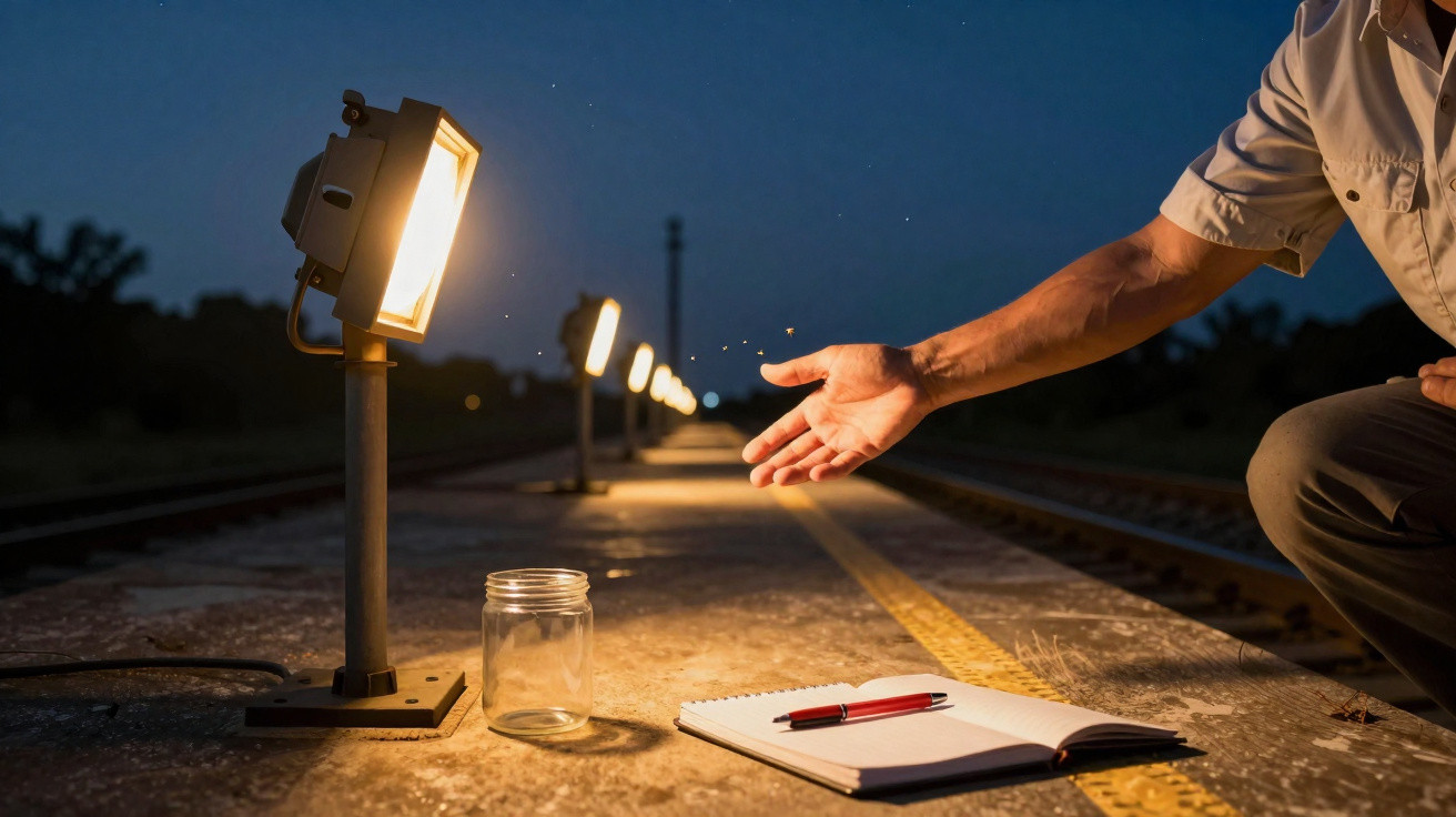 Person releasing fireflies near an open notebook and jar on a lit railway platform at night.