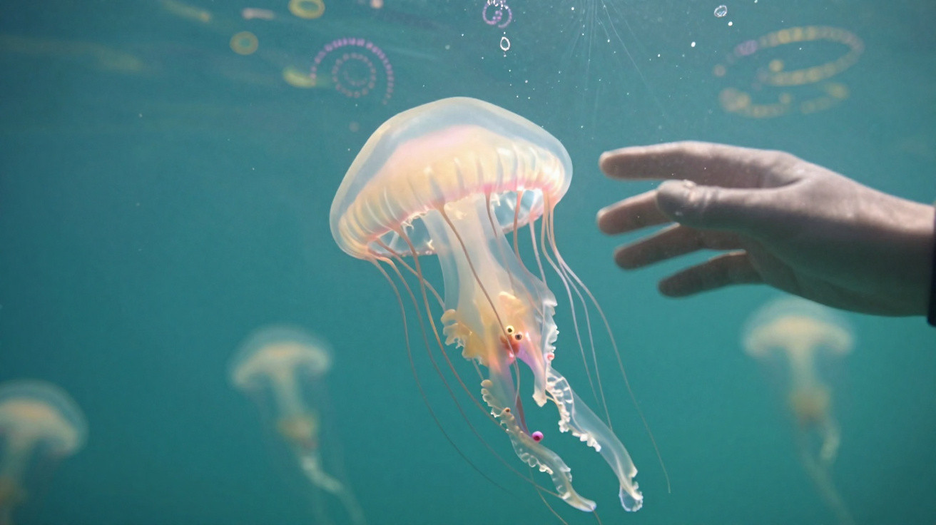 Hand reaching towards a translucent jellyfish floating underwater with other jellyfish blurred in the background.