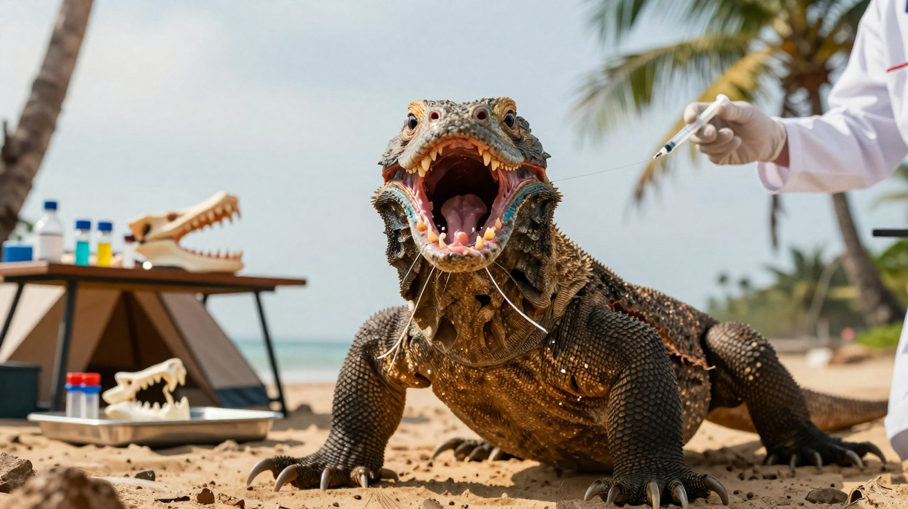 Large Komodo dragon on sandy beach with mouth open, person holding syringe nearby, and lab equipment in background.