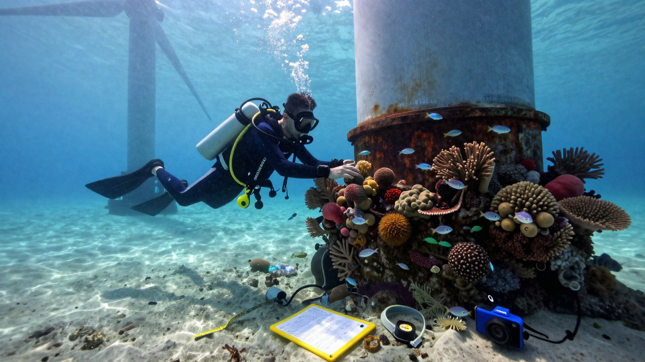 Scuba diver examining colourful coral and small fish around a metal underwater structure near the seabed.